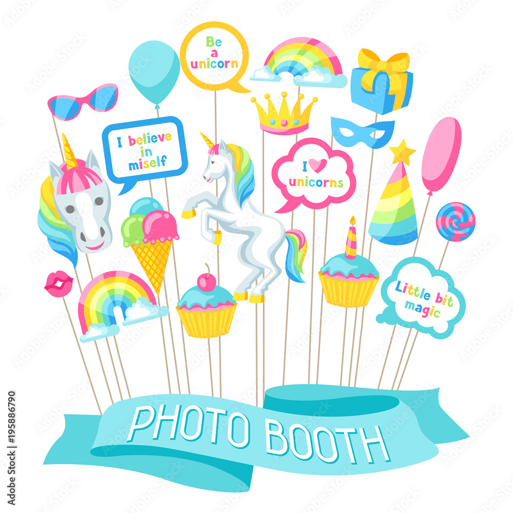 Happy birthday photo booth props. Fantasy items and objects for festival and party Happy birthday photo booth props. Fantasy items and objects for festival and party