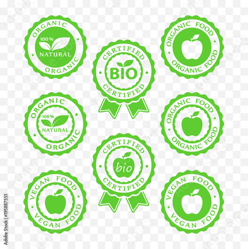 bio, vegan, organic food and products icon set, bio, vegan, organic packaging batch sticker symbols photo