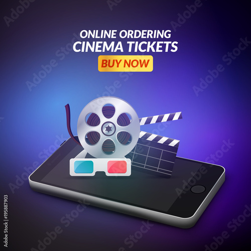 Cinema movie ticket online order concept. Mobile cinema smartphone app or web reservation. Vector illustration