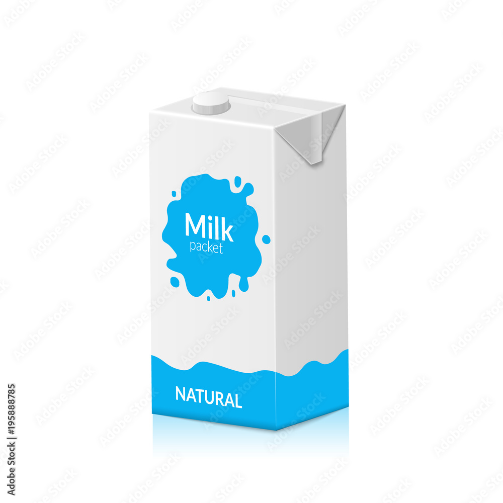 Milk packet isolated on white background. Vector illustration of carton pack. Paper box design for drink milk product Milk packet isolated on white background. Vector illustration of carton pack. Paper box design for drink milk product