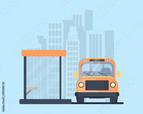 City bus with bus stop. School bus. Vehicle for transportation passengers. Urban background.