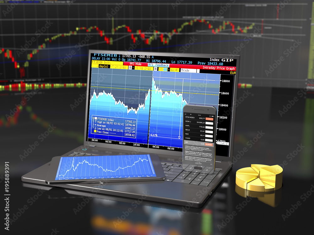Laptop, tablet and smartphone with business applications (3d illustration). Laptop, tablet and smartphone with business applications (3d illustration).
