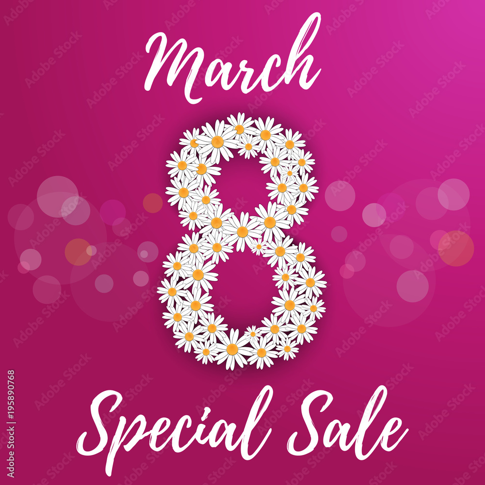 Banner for sale International Happy Women's Day on pink background. Flyer for March 8 with the decor of floral. Invitations with flowers for offer and discount.