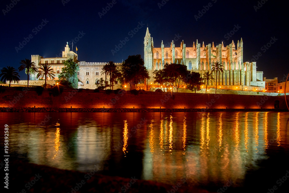 Spain Palma de Mallorca historic city center with view of the gothic Cathedral La Seu. Balearic islands.