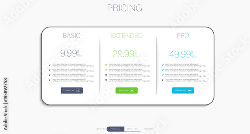 Price list, hosting plans and web boxes banners design. three tariffs. interface for the site. ui ux vector banner for web app.