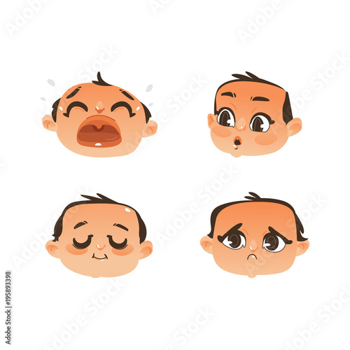 Vector flat baby face with facial expression set. dissapointed unhappy  crying, sad satisfied pleased, surprised emotions. Cartoon character  portrait. Isolated illustration white background Stock Vector | Adobe Stock