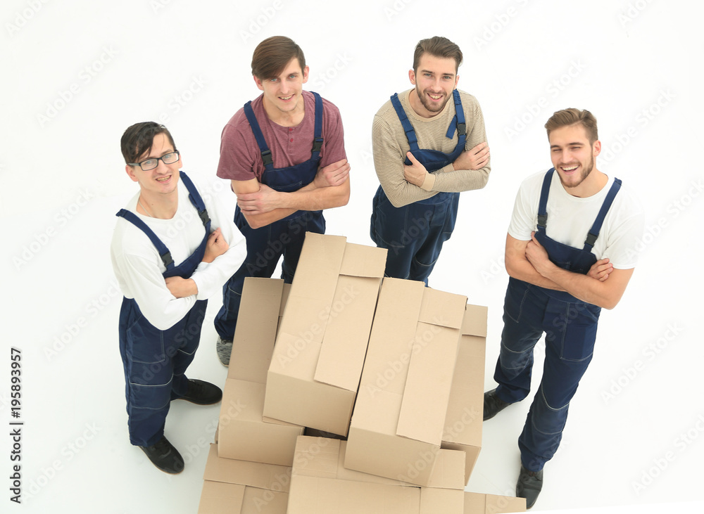 Young movers holding boxes isolated on white background, Young movers holding boxes isolated on white background,