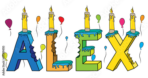 Alex male first name bitten colorful 3d lettering birthday cake with candles and balloons
