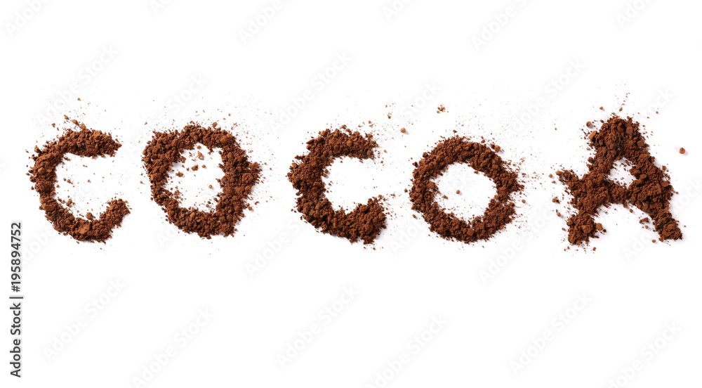 Cocoa written with cocoa powder isolated on white, with clipping path Cocoa written with cocoa powder isolated on white, with clipping path