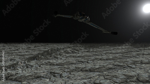 Schilderij op canvas Spaceships Flying Over Planet In Space 3D Rendering