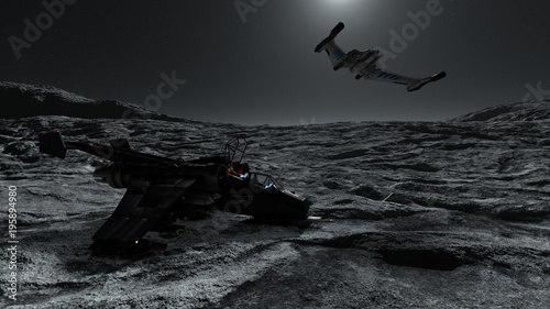 Foto Spaceships Flying Over Planet In Space 3D Rendering