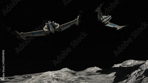 Foto Spaceships Flying Over Planet In Space 3D Rendering
