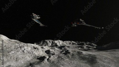 Schilderij op canvas Spaceships Flying Over Planet In Space 3D Rendering