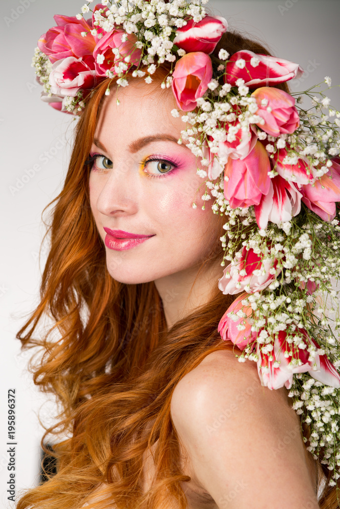 woman with wearing a wreath of tulips woman with wearing a wreath of tulips