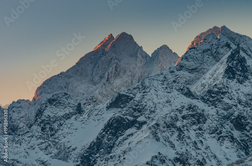 Winter mountain landscape  Rysy and Wysoka peaks in tatra mountains