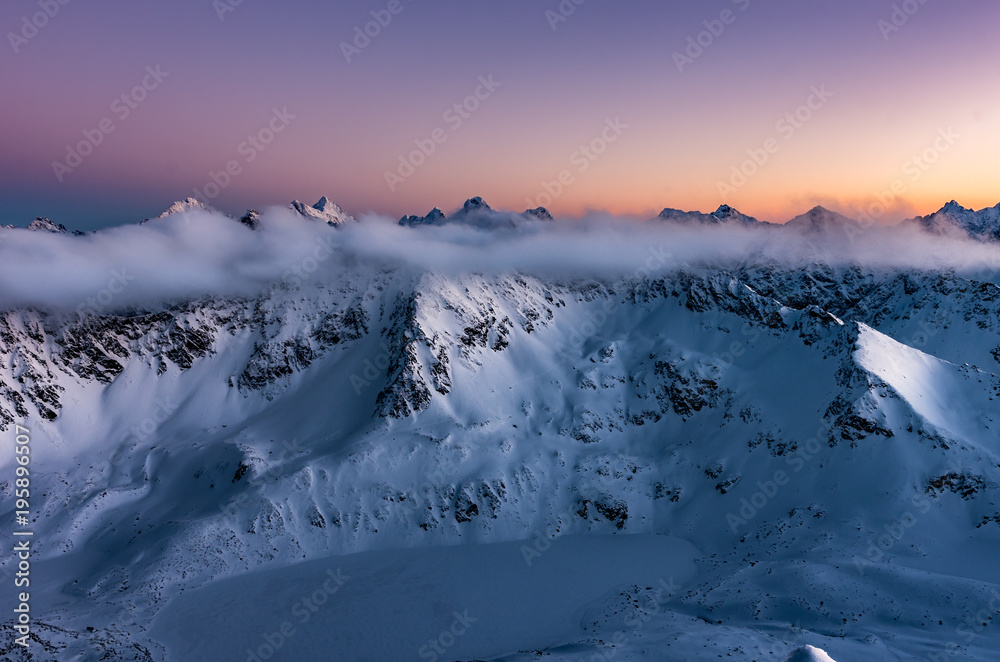 Fototapeta premium Beautiful mountain sunset panorama, winter Tatra mountains, Poland