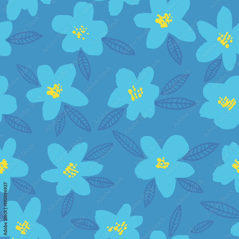 Spring bright seamless floral pattern with blue hand drawn flowers on blue background. Ditsy print. Vector illustration