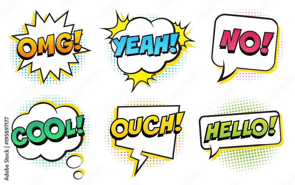 Retro comic speech bubbles set on white background. Expression text COOL, HELLO, OMG, YEAH, NO, OUCH. Vector illustration, pop art style. Retro comic speech bubbles set on white background. Expression text COOL, HELLO, OMG, YEAH, NO, OUCH. Vector illustration, pop art style.