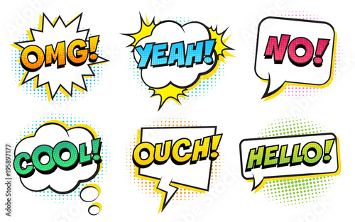 Retro comic speech bubbles set on white background. Expression text COOL, HELLO, OMG, YEAH, NO, OUCH. Vector illustration, pop art style.