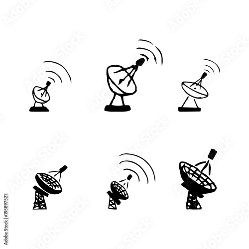 Vector set of hand drawing satellite dish. Sketch satellite antenna