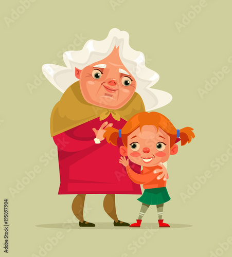 Happy smiling grandmother and granddaughter characters. Vector cartoon illustration