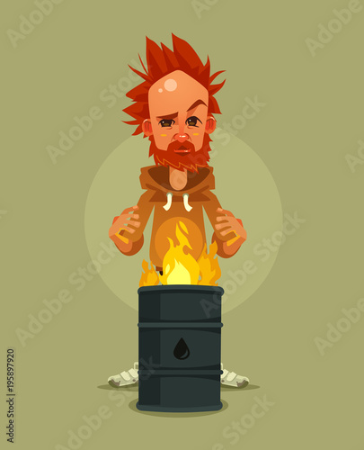 Sad unhappy tired homeless man character warms near burning garbage. Vector cartoon illustration