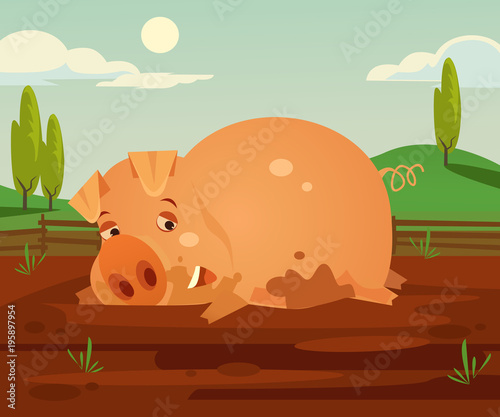 Happy smiling pig character fun in dirty. Vector cartoon illustration