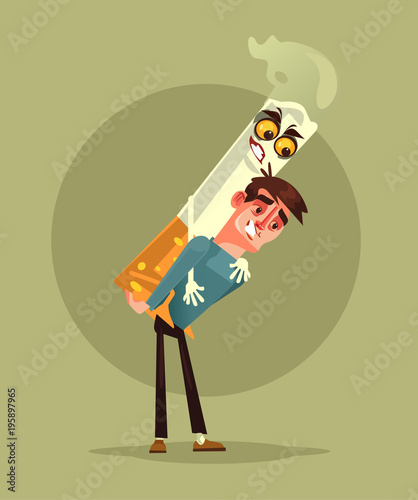 Smoker man character carry cigarette monster. Smoking problem concept. Vector cartoon illustration