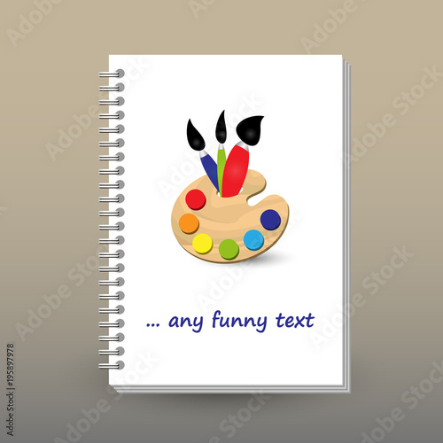 vector cover of diary or notebook with ring spiral binder - format A5 - layout brochure concept - vibrant colored with woody painting palette and three brushes