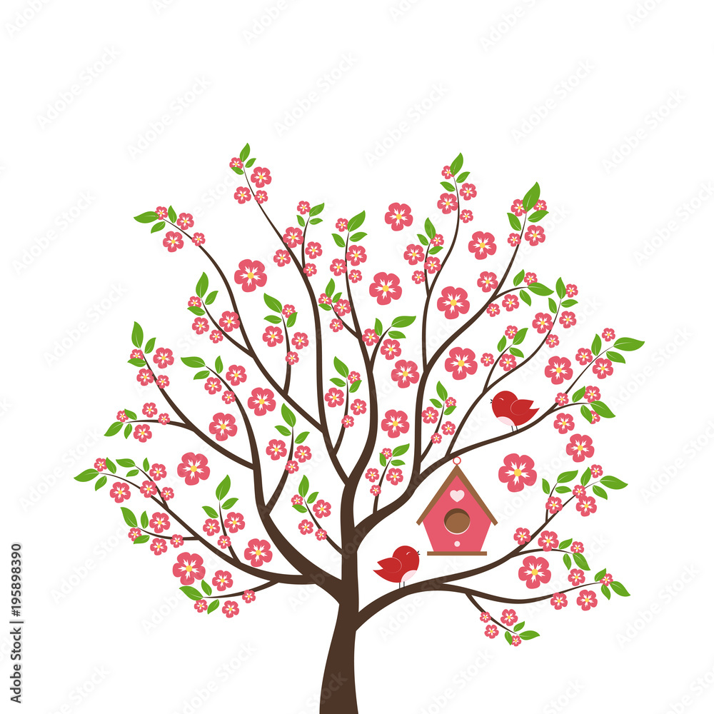 Cute cartoon bird on tree. Spring scene with flowers, trees and ...