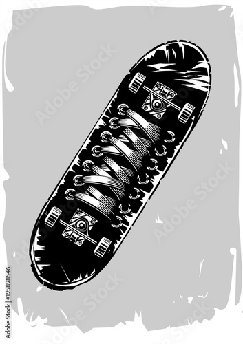 Skateboard with sneakers print on a board. Vintage poster.