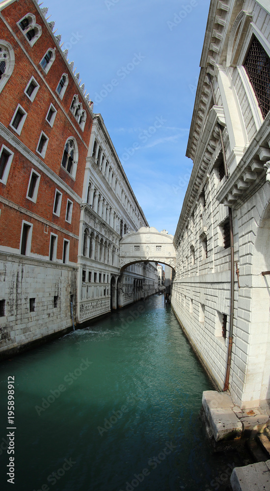 Bridge of Sighs in Venice photographed with fisheye lens