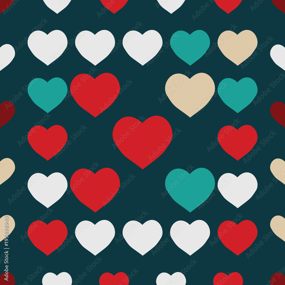 Seamless Background Pattern. Element of design. Colored hearts on a turquoise background