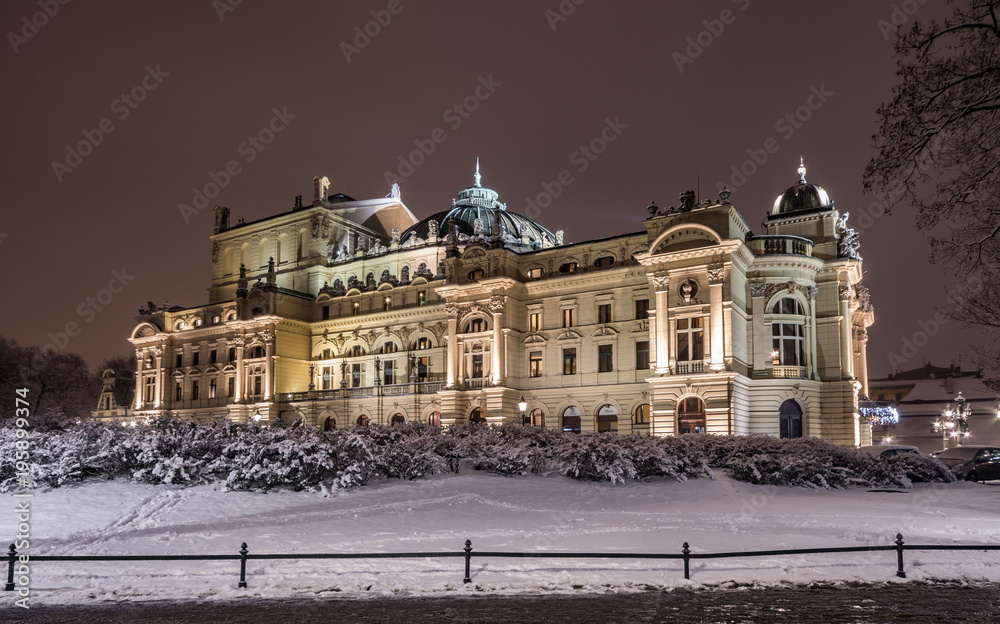 Obraz Krakow, Poland, night winter view of city theater
