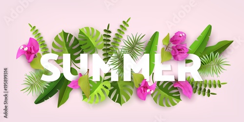 Trendy Summer Tropical Leaves. Green abstract background with tropical foliage. Cut paper. Vector Design