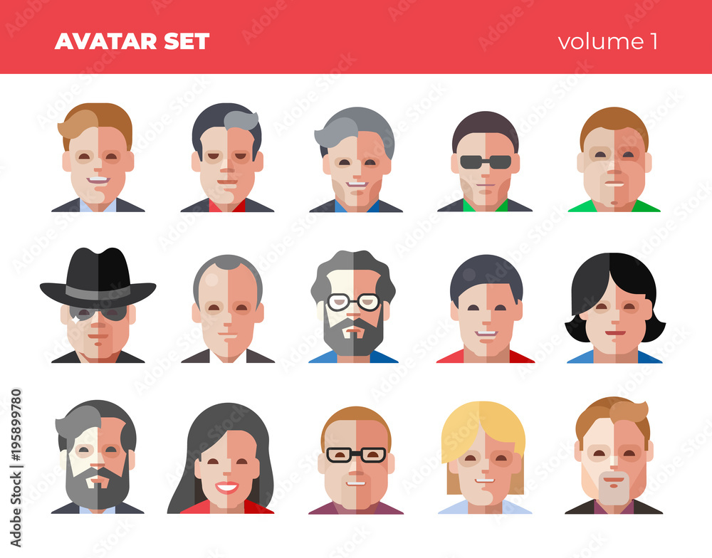 Set of 15 flat avatars icons. Funny bright vector illustrations. Set of 15 flat avatars icons. Funny bright vector illustrations.