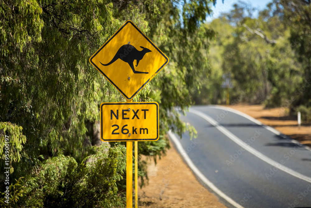 A Kangaroo Crossing road sign warns drivers in Western Australia of the potential wildlife hazards ahead