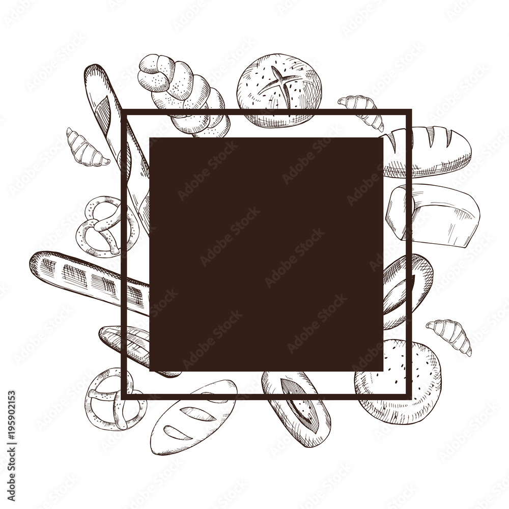 Fototapeta premium Vector frame with bread. Hand drawn illustration.