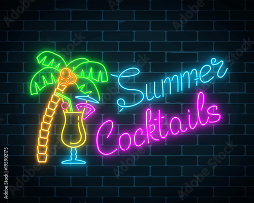 Neon summer cocktails bar sign. Glowing gas advertising with pina colada alcohol shake and palm.