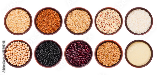 Healthy various cereals, grains and beans in the bowls, isolated
