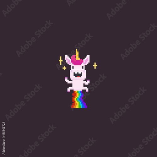 Pixel art flying happy unicorn with a rainbow poop and sparkles