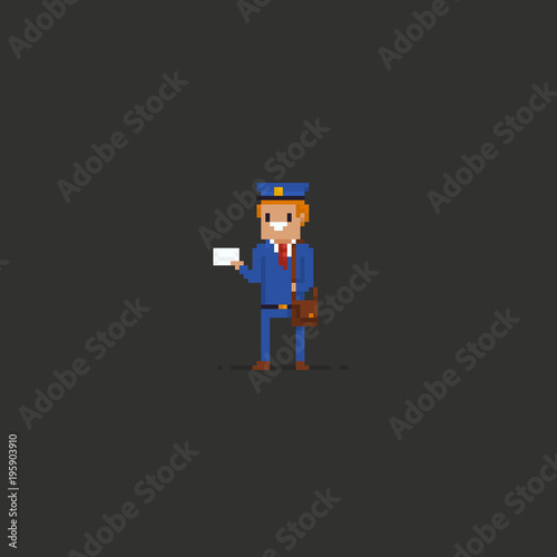 Pixel art mailman in blue uniform holding an envelope