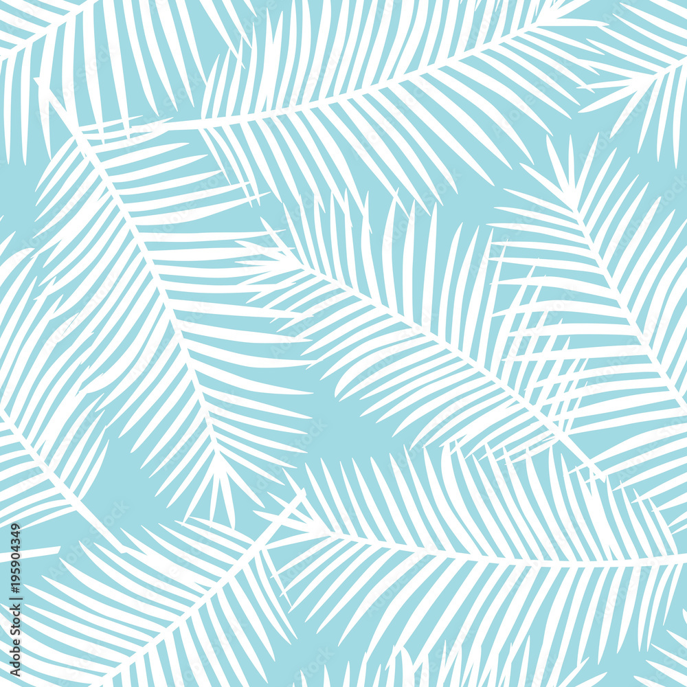 Obraz premium white palm leaves on a blue background exotic tropical hawaii seamless pattern vector