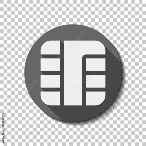 Chip of credit card icon. White flat icon with long shadow in circle on transparent background