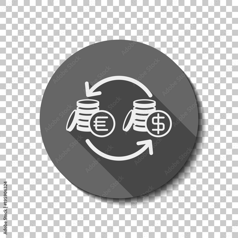 change money icon. White flat icon with long shadow in circle on transparent background change money icon. White flat icon with long shadow in circle on transparent background