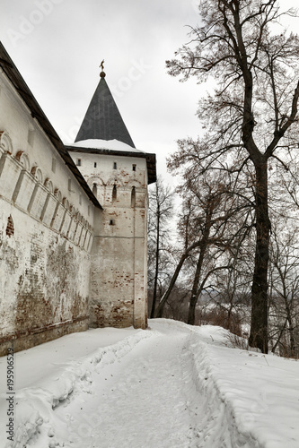 Savvino-Storozhevsky monastery in Zvenigorod in winter day. Moscow region. Walls and towers of the monastery. photo