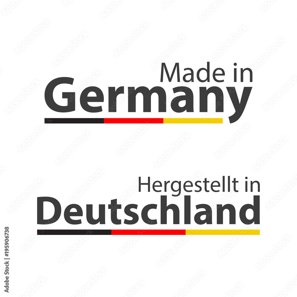 Two simple vector symbols Made in Germany, In German - Hergestellt in Deutschland, signs with the German tricolor isolated on white background Two simple vector symbols Made in Germany, In German - Hergestellt in Deutschland, signs with the German tricolor isolated on white background