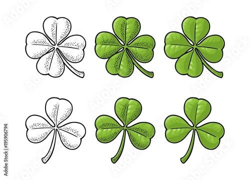 Good luck four and three leaf clover. Vintage vector engraving