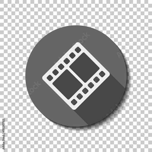 movie strip. simple silhouette. White flat icon with long shadow in circle on transparent background