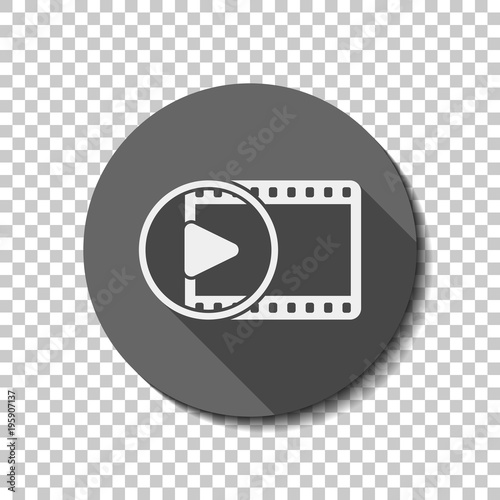 movie strip with play symbol in circle. simple silhouette. White flat icon with long shadow in circle on transparent background